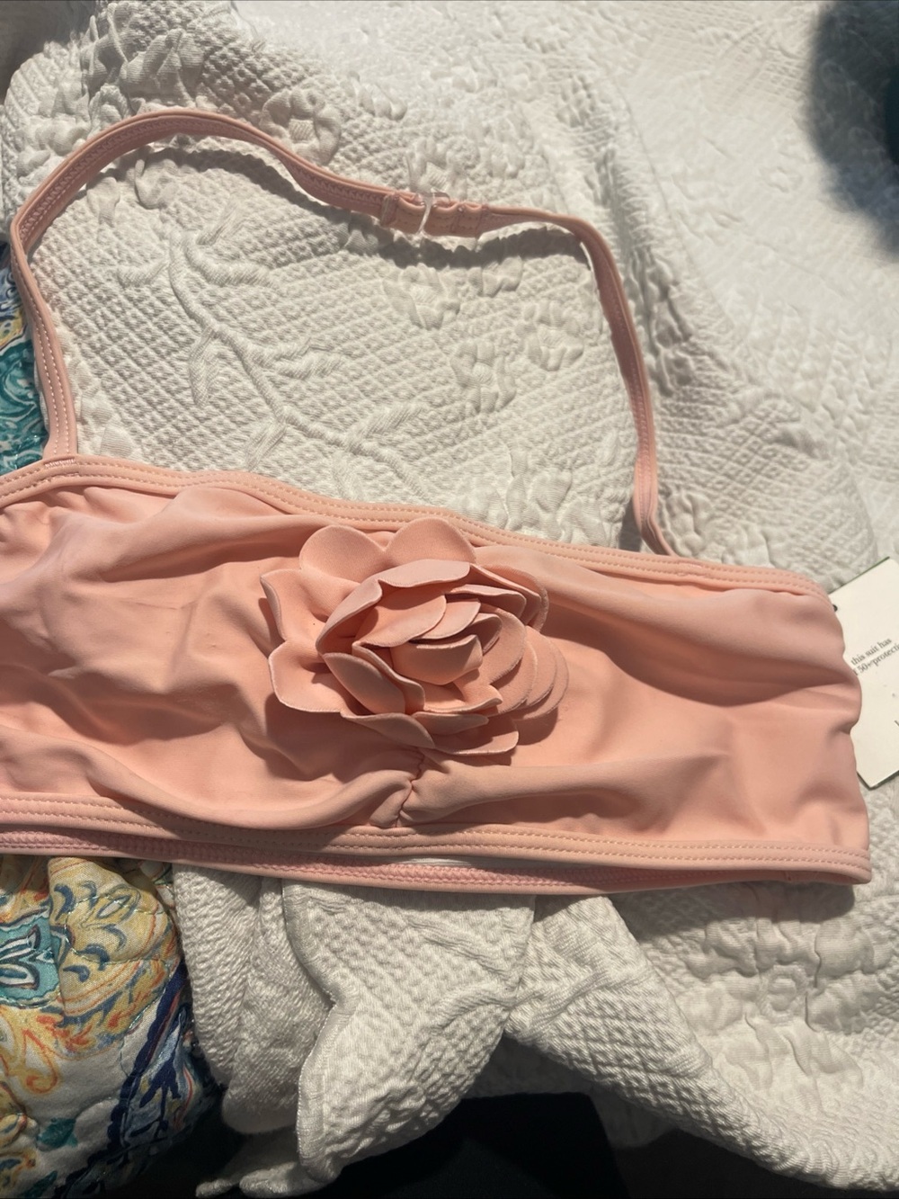 Girls 12 Pink Bandeau Bikini Top with 3D Rosette Halter Strap